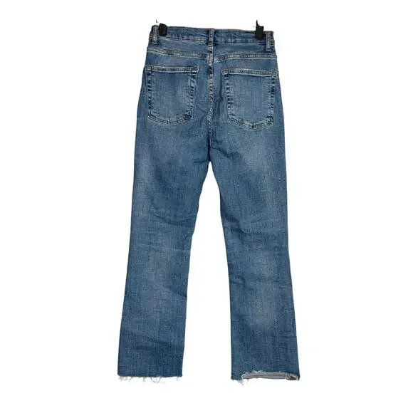 ZARA Bootcut High Rise Straight Jean Stretch Raw Hem Zip Button 2 Blue #3324 - Picture 4 of 14